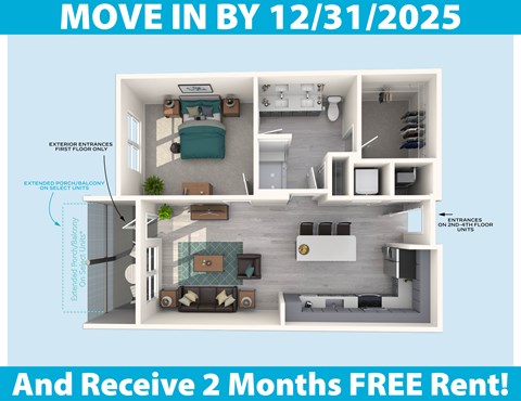 A floor plan for a small apartment with a bedroom, living room, and kitchen area, with a move-in date of December 31, 2025 and a promotion of 2 months free rent.